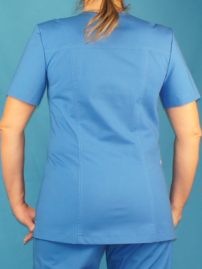 голубая хирургичка, голубая медицинская блузка с молнией сбоку, голубой хирургический топ с молнией на талии