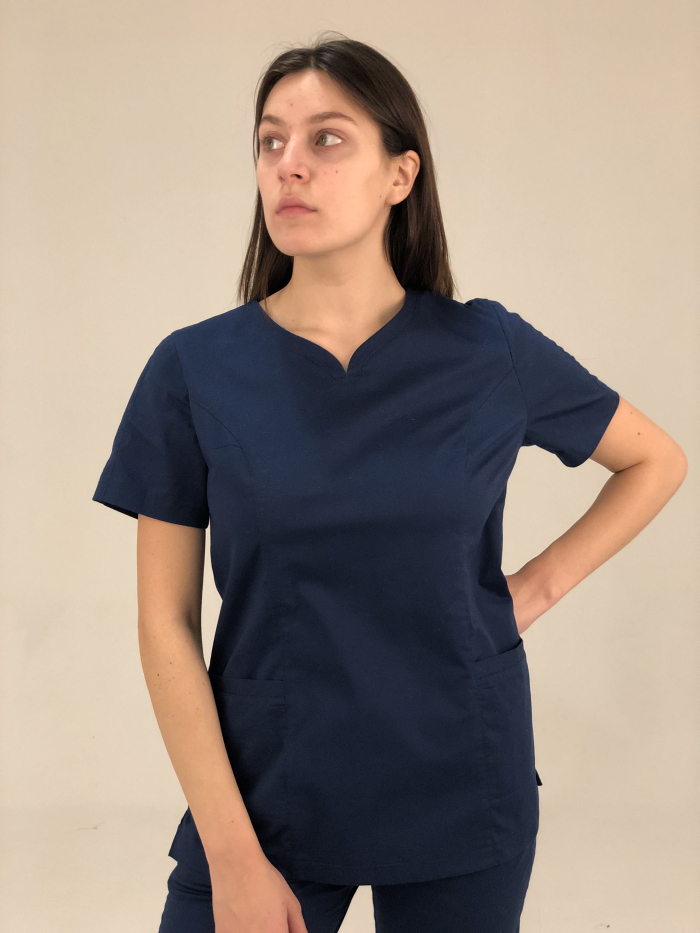 блузка темно-синего цвета для медиков, темно-синяя блузка для врача, купить темно-синюю блузку для медицинского персонала