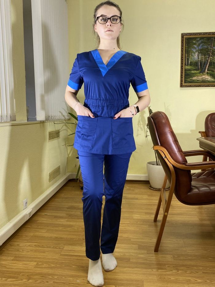 купить синий медицинский топ с поясом, женская медицинская блузка с поясом, купить синюю женскую хирургичку с поясом
