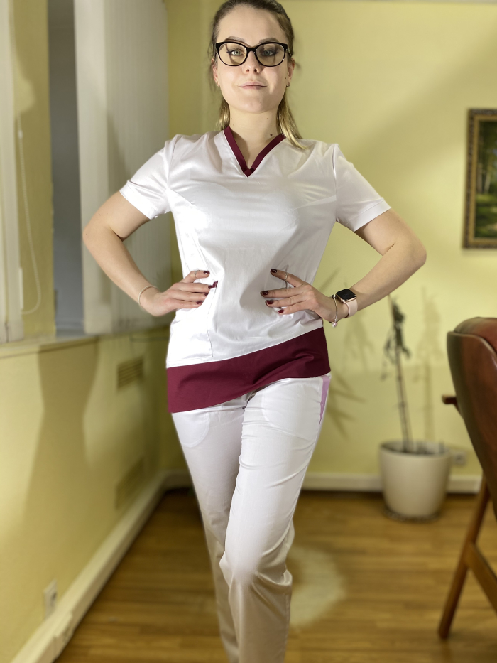 белый женский медицинский костюм, женский белый медицинский топ