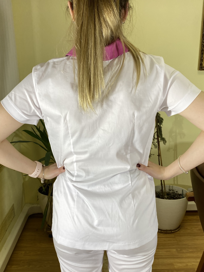 white woman medical polo, white polo for medic, white scrubs, medical polo