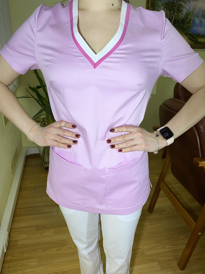 купить розовая медицинская блузка, женская розовая медицинская блузка, купить розовая хирургичка с v-образным вырезом, женская приталенная розовая медицинская блузка, розовая женская приталенная хирур